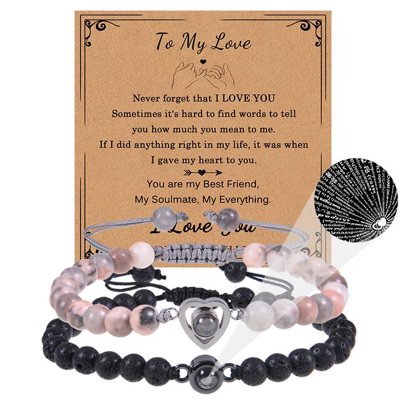 Bracciale con proiezione "Ti amo" in 100 lingue con pietra naturale smerigliata e turchese bianco per coppie
