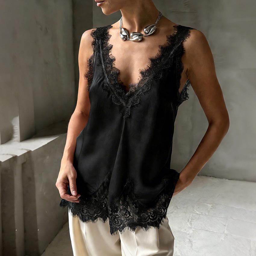 

New European And American Spring/Summer Lace Trim Sleeveless T-Shirt Fashionable Sexy Elegant Top For Women L чорний