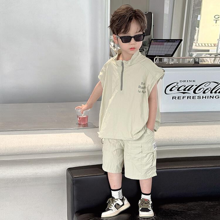 Boys' 2026 Summer Quick-Dry Sleeveless Zipper Two-Piece Set with Letter Print Shorts