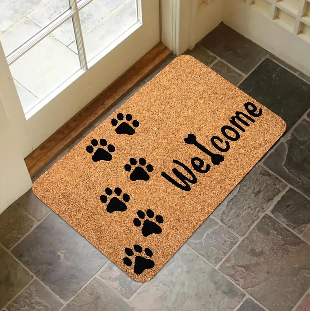 Niedlicher Katzen-Print Teppich Katzenpfote Schriftzug Willkommen Fußmatte Rutschfest Innen Außen Universeller Teppich für Wohnzimmer Schlafzimmer Flur