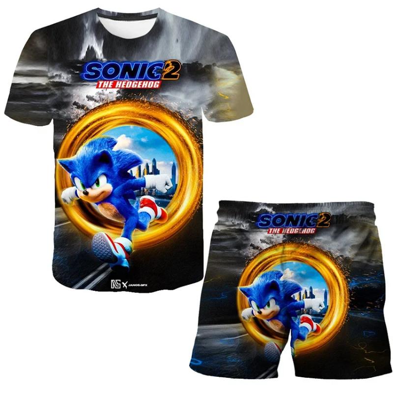 2025 MINISO New boys and girls super sonic Tshirts+shorts  Harajuku Sonic print suit T-shirt + shorts fashion street style children's short sleeves