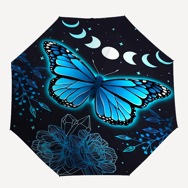 Butterfly, Night Sky Automatic Folding Umbrella 8 Ribs, Durable Iron Frame, Bright Color Pattern Compact Travel Umbrella, Suitable for Outd