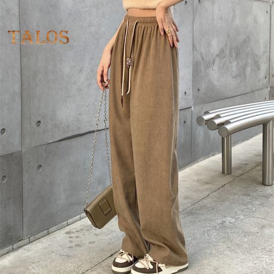 Pantaloni pentru femei cu talie înaltă elastică, cu șnur ajustabil, pantaloni lungi, culoare uni, drepte, cu picior lat, pantaloni ocazionali, ținute zilnice