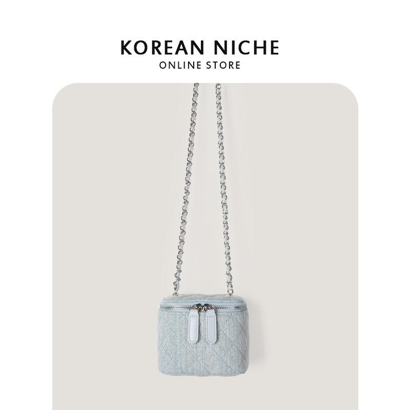 Niche Design Diamond Grid Embroidery Thread Small Fragrant Style Denim Chain Small Bag Simple and Versatile Crossbody Bag