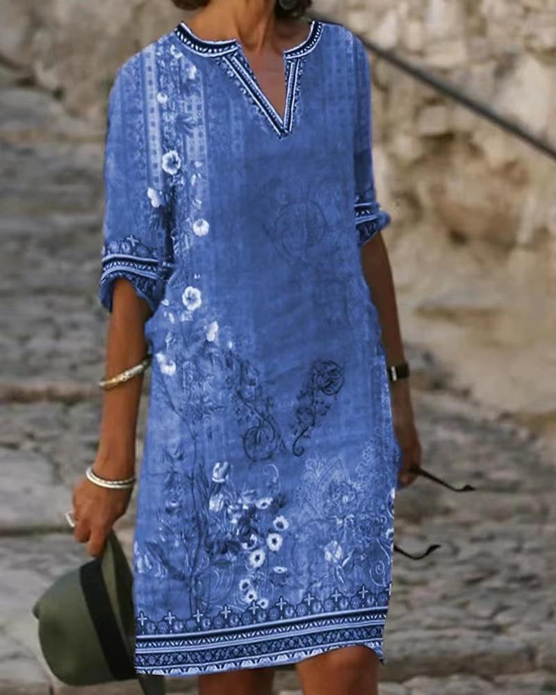 European And American Spring And Summer New Women'S Clothing European And American Casual National Retro Style Medium And Long V-Neck Short-Sleeved