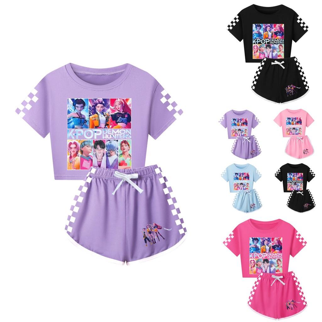Kpop Demon Hunters Pattern Kids And Adult Pajama Set With Cotton Material And Short Sleeve Design For Lounging