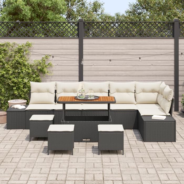 Ensemble de Canapés de Jardin vidaXL 10 Pièces avec Coussins Rattan Poly Noir, Canapé de Jardin Deux Places vidaXL362810