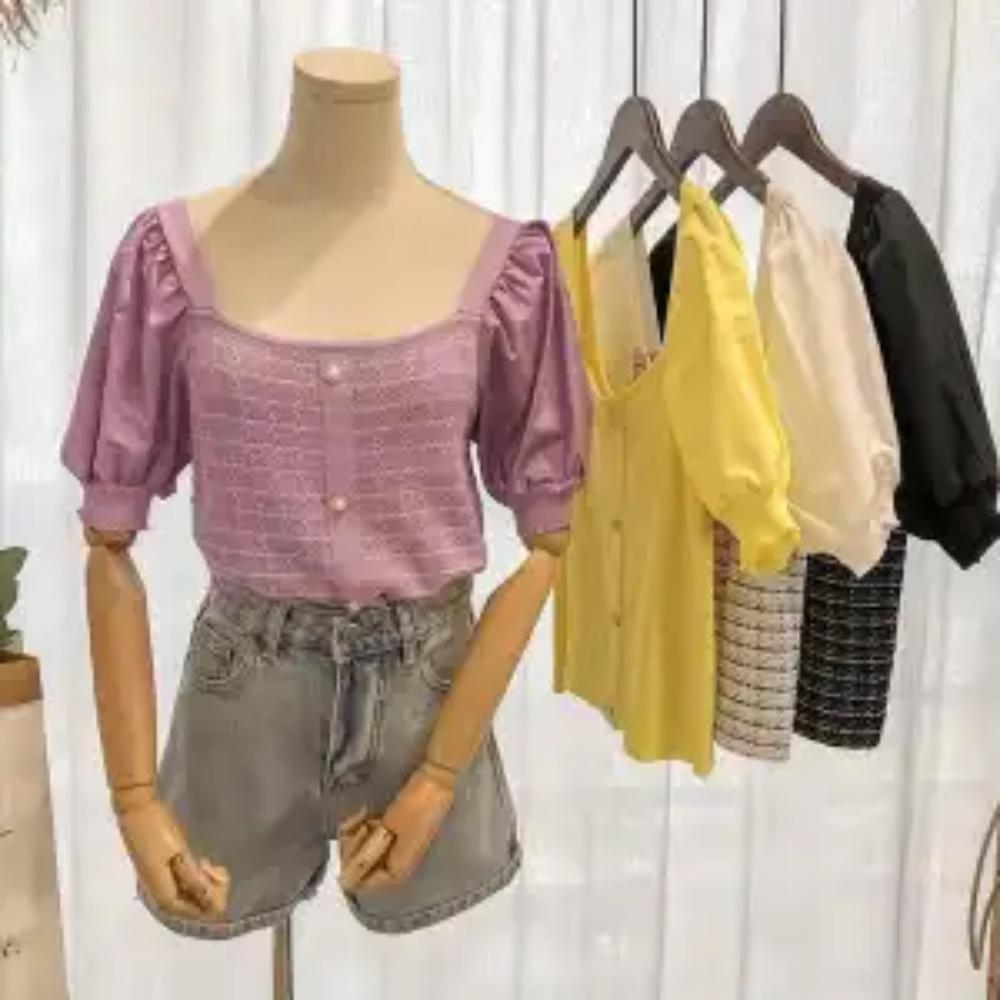 New Style Short-sleeved Spliced puff Sleeves Ice Silk Women's Slim Square Collar Knit Top