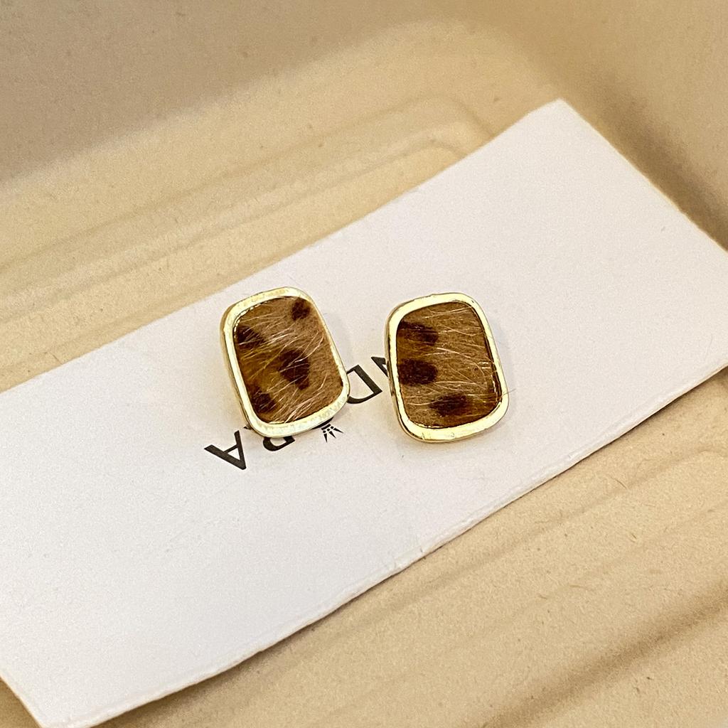 Hong Kong Style Flocking Leopard Print Geometric Stud Earrings Retro Niche Design Commuter Earrings Simple Earrings Women