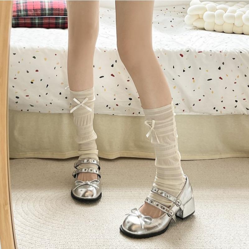 Fashion French Vintage Block Heel  Jane High Heels 2025 New Spring and Autumn Shallow Bow with Skirt Small Leather Shoes