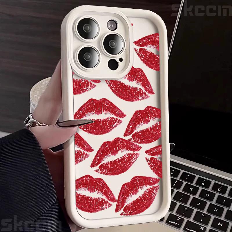 Custodia per Telefono in Morbido Silicone con Stampa Bacio Labbra Nere e Rosse per iPhone 16 Pro Max 15 14 Plus 11 12 13 7 8 Plus X XS XR 16E Cover