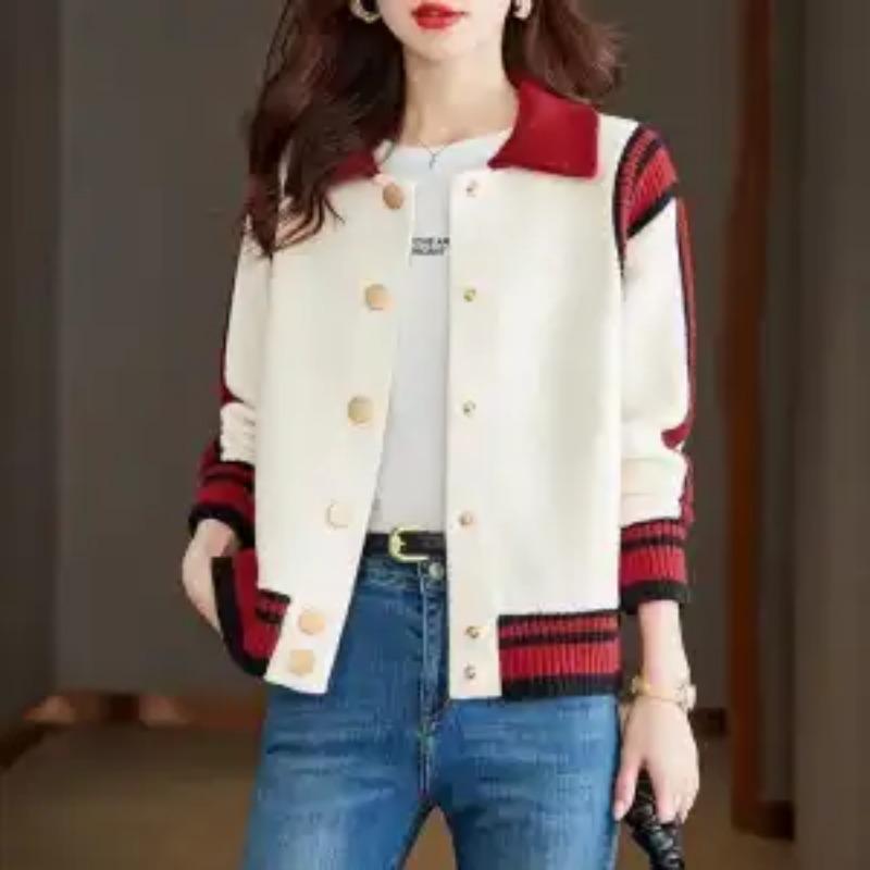 Lapel Contrast Color Long Sleeve Button Thread Women's Autumn and Winter Jacket Fashion Casual Top