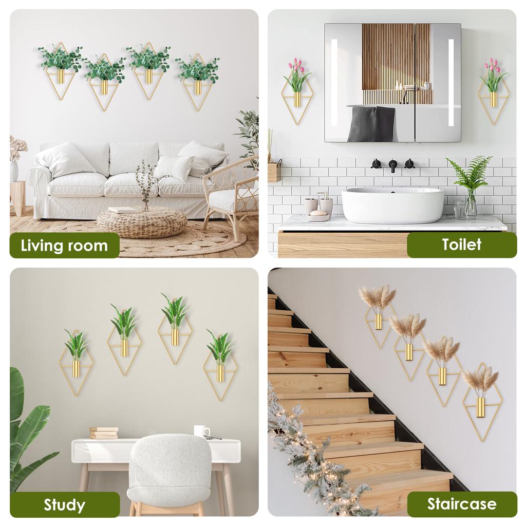 4 Stuks Hangende Vaas Wanddecoratie Plantenpot voor Succulenten Cactus Kunstplanten Metalen Wandkunst Geometrisch Kamerornament Bloemenvaas