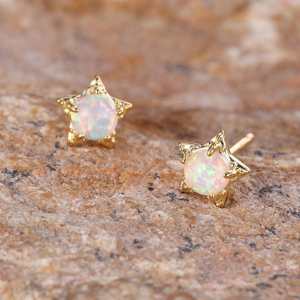Five-pointed Star White Fire Opal Small Stud Earrings for Women Fashion Gold Color Wedding Jewelry