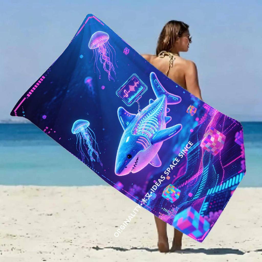 Cyberpunk Glowing Shark Beach Towel Patterned Sunscreen And Windproof Suitable For Swimming Pool Camping Travel