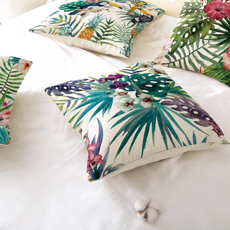 Tropical Green Leaf Linen Pillowcase - Nordic Style Sofa Cushion Cover