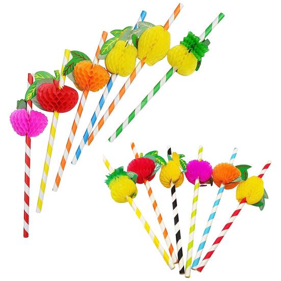 Honeycomb Fruit Paper Straws, Tropical Pineapple Orange Decor Straws for Summer Party, Disposable Drink Straws for Juice