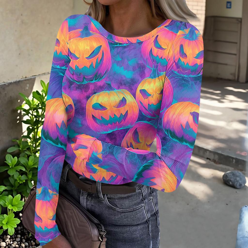 Women's Casual Long Sleeve Ribbed Knit Top Halloween Print Round Neck Slim Fit Stretchy Pullover Shirt for Fall Season