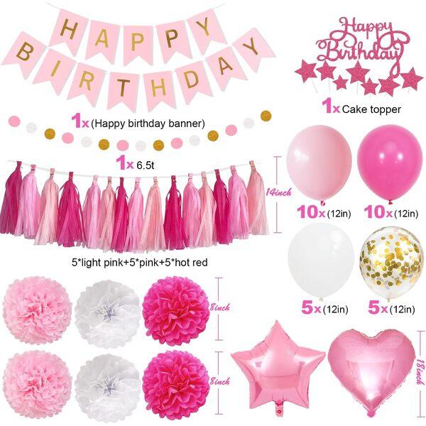 Pink Red Party Decorations kits for Girls Women with Happy Birthday Banner,