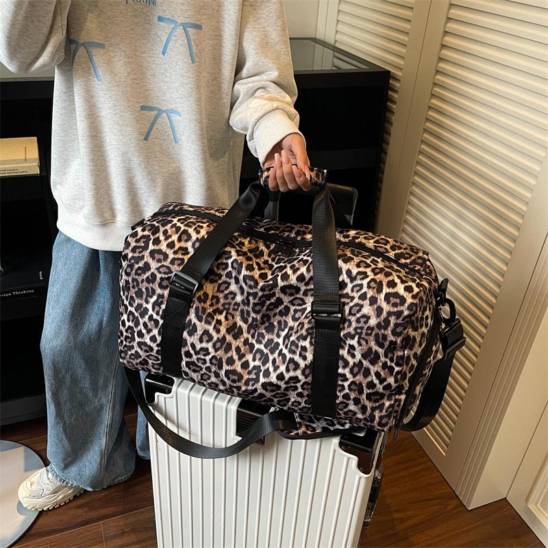 Large Capacity Leopard Print Travel Duffel Bag with Multiple Compartments, Shoe Compartment, Durable Nylon Casual Sports Gym Bag for Women