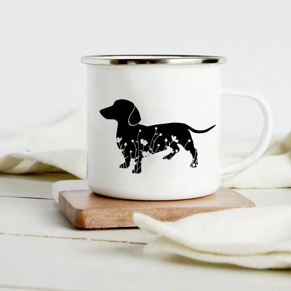 Lustiger Dackel-Druck Kreative Emaille-Tasse Kaffee-Weintassen Cartoon-Hunde Pfote Party-Getränk Bier Saft Milch Tassen Geschenke für Liebhaber Hund