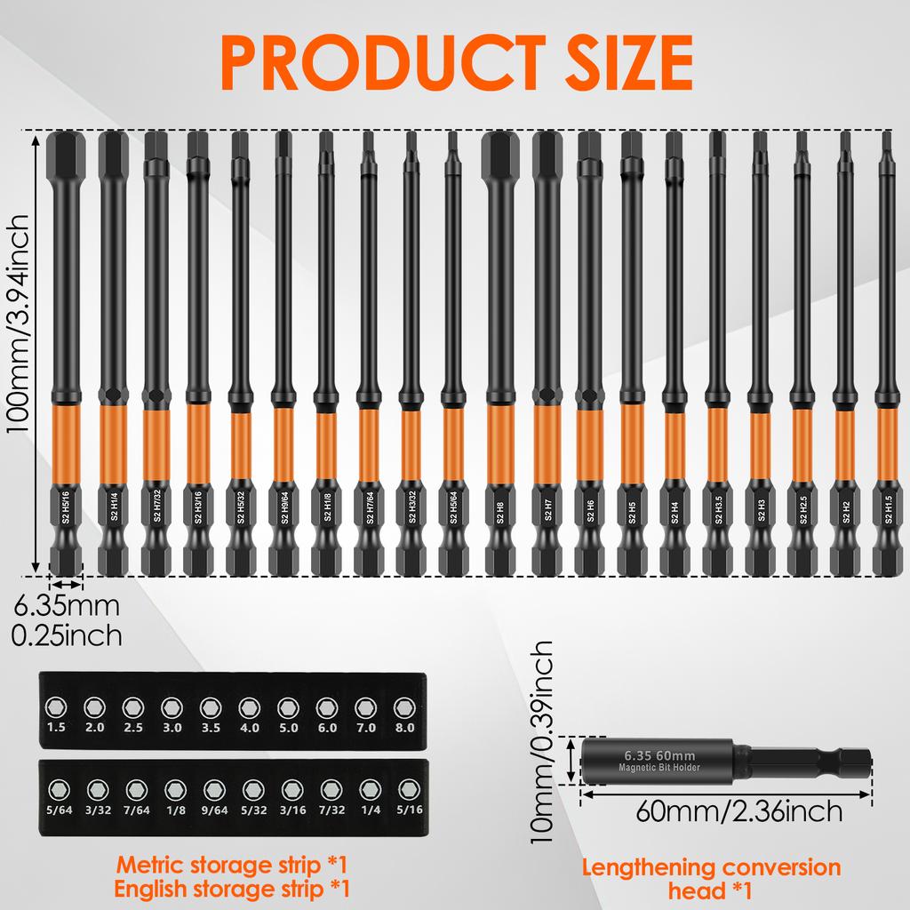 10/20PCS Magnetic Allen Wrench Drill Bit Set Metric & Imperial Impact Hex Head Screwdriver Bit Set 1/4 Inch Hex Shank Hex Bit