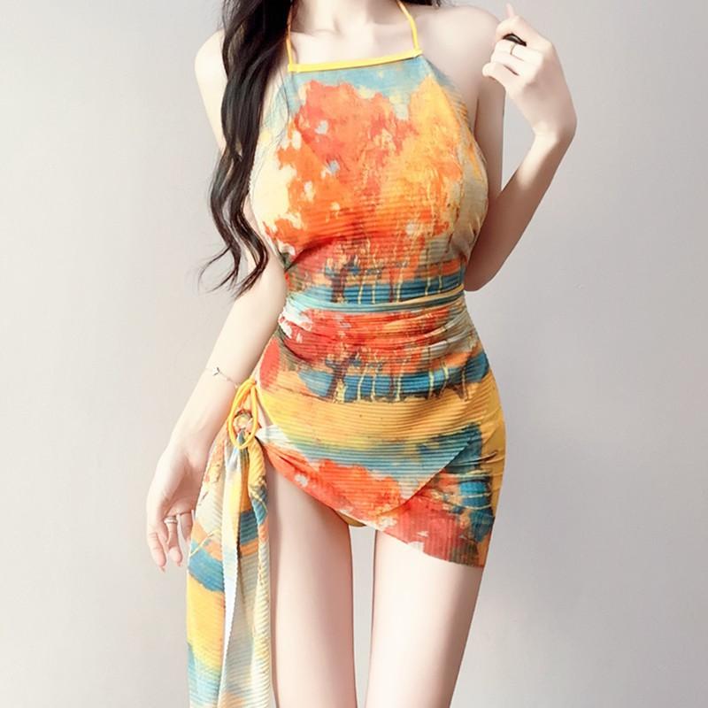 

Bikini Three-piece Oil Painting Print Pleated Stripe Sexy Split Swimsuit Seaside Island Vacation M is suitable for 80-100 kg оранжевый