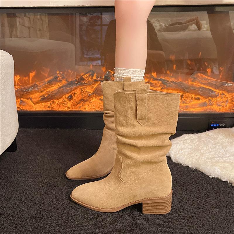 Coarse-heeled short boots women's 2025 autumn new high-heeled pointed-toed thin pleated piled boots retro British fashion boots