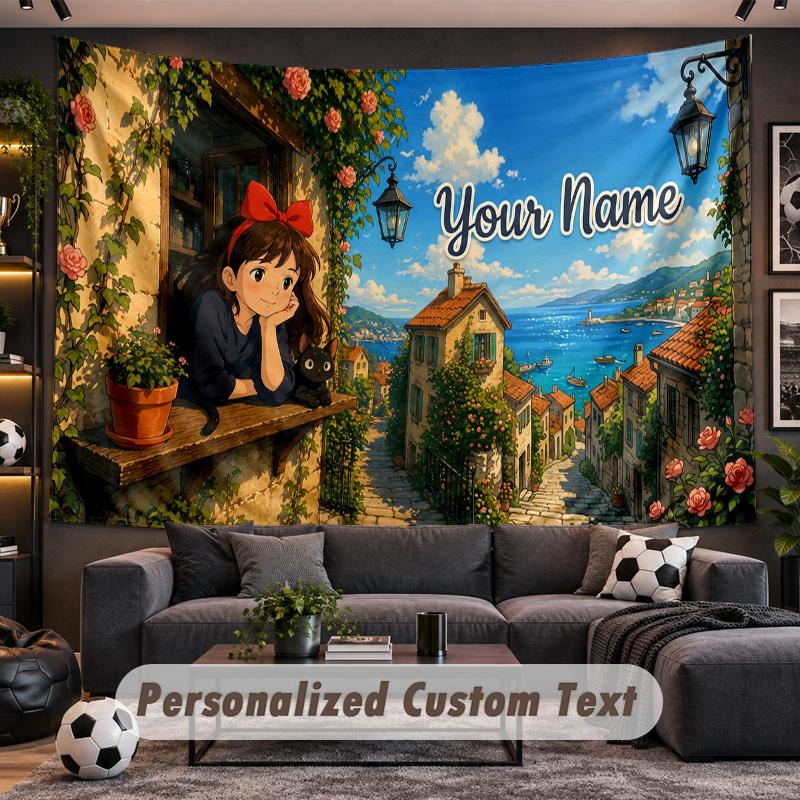 Kiki's Delivery Service Jiji Personalized Tapestry Support Custom Name, Wall Art Home Decoration