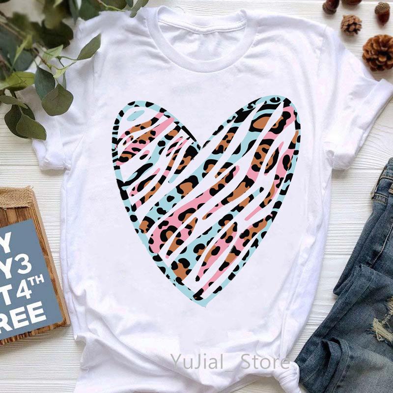 2025 Leopard Love Print T-Shirt Women Summer Fashion Tshirt Femme Harajuku Kawaii Clothes White Casual T Shirt Female