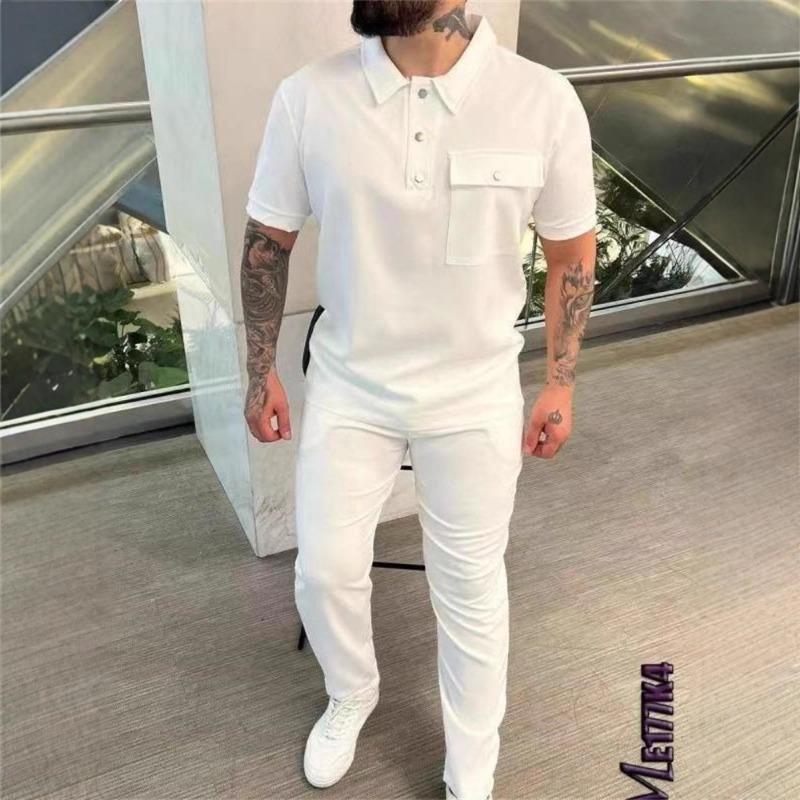 

Осенний Популярный Мужской Карманный Короткий Рукав Брюки Повседневный Модный Спортивный Костюм S белый
