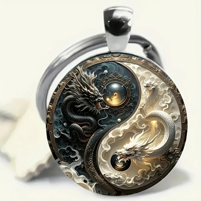 Yinyang Dragon Keychain - Elegant Alloy Round Pendant, Black and White Dragon Design, Ornament
