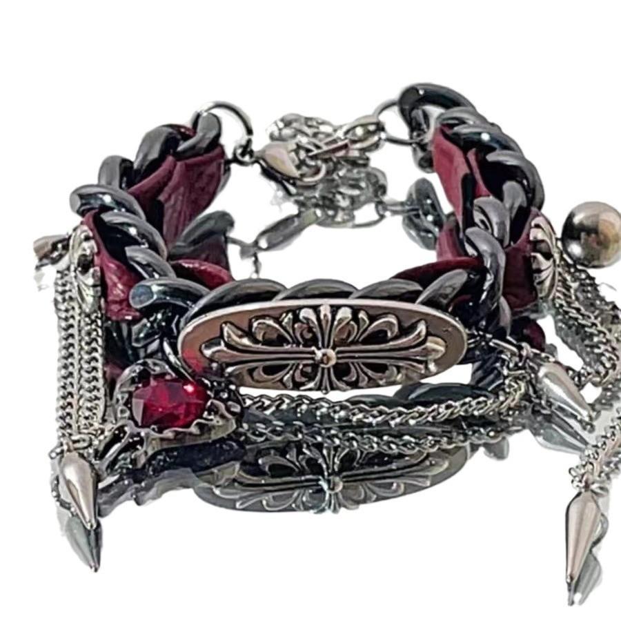 Y2k Gothic Punk Red Leather Bracelet Alloy Electroplated For Men And Women