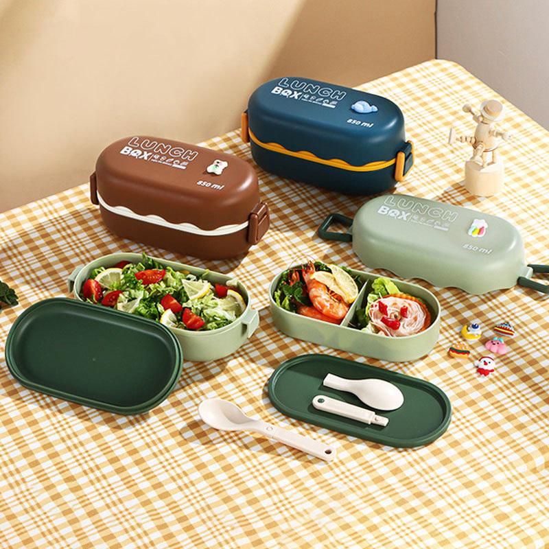 1Pieces 850ML Portable Double-layer Lunch Box Microwavable Bento Box With Tableware Sealed Outdoor Tableware Christmas Gifts