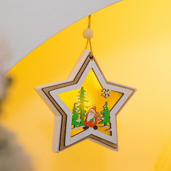 Yousheng Wooden Christmas Decor with LED Light 3D Carved Hanging Wood Star/Village House/Bell/Gift Box Ornament for Xmas Tree Decor