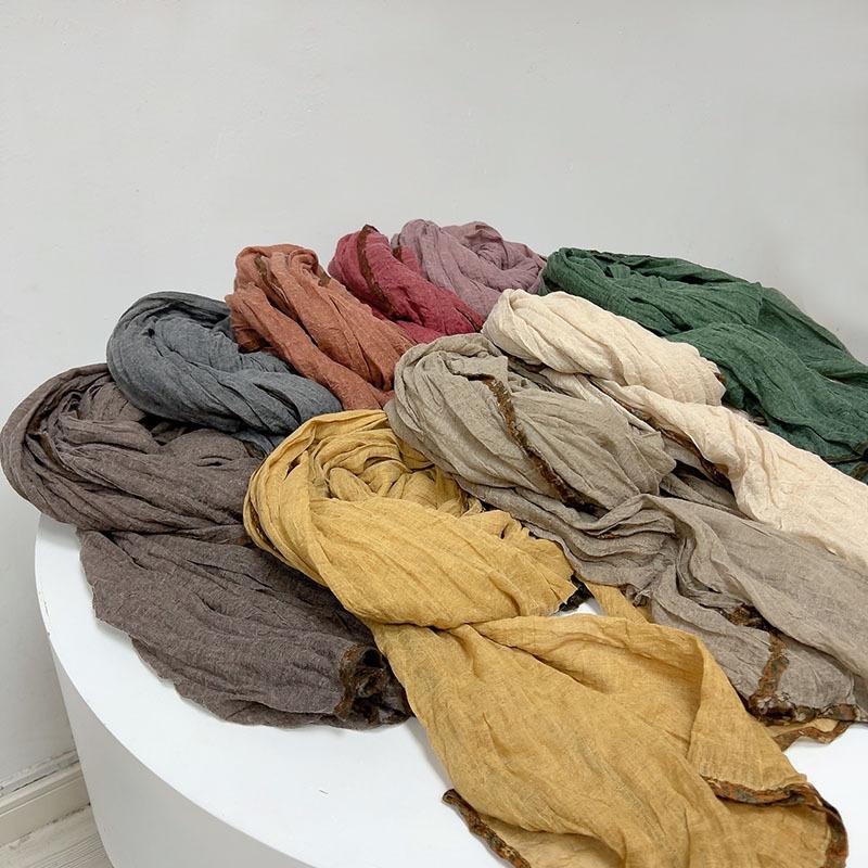 Vintage Cotton Linen Feeling Warm Scarf Solid Color Warm Shawl with Floral Brim Korean Versatile Pleated Autumn and Winter Scarf