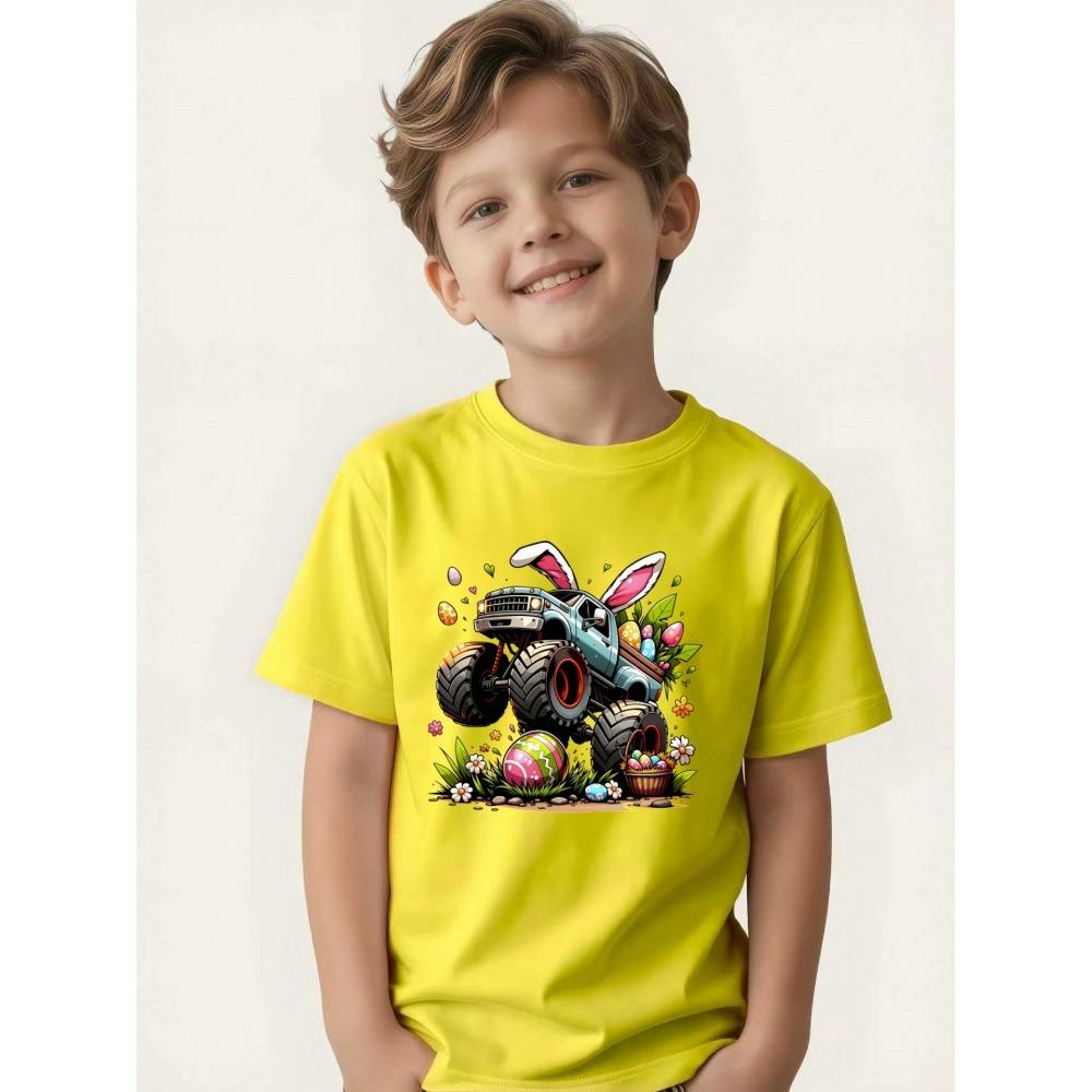 Children's T-shirt Bunny Ears Big Wheel Easter Egg Flower Print Boys Festival Short Sleeve