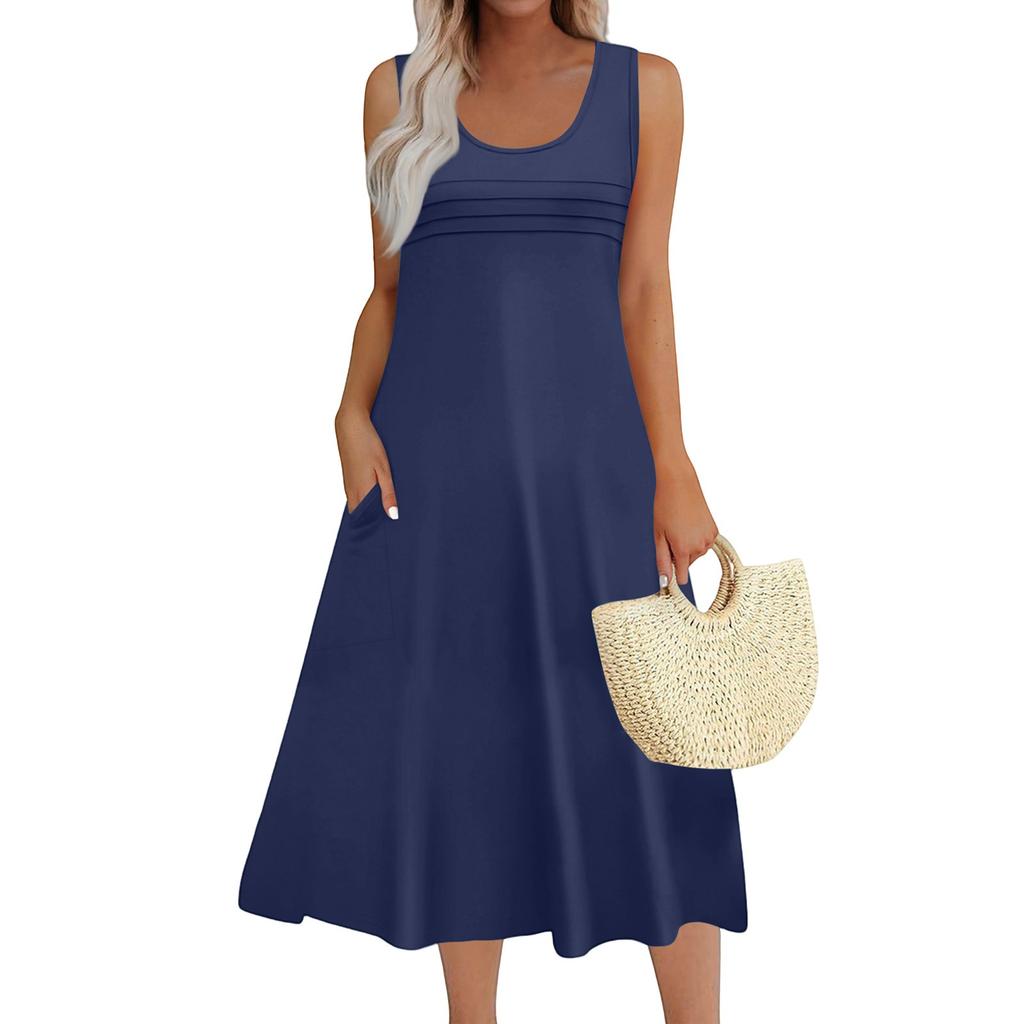 Women's Fashion Round Neck Sleeveless Pleated Beach Dress With Pockets Long Solid Color Dresses