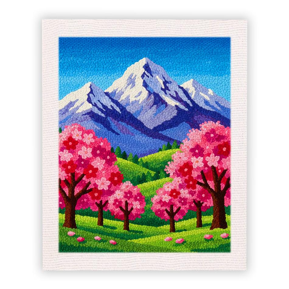 Punch Needle Embroidery Starter Kits With Frame For Beginner Cherry Blossom Landscape Sewing Diy Kit Poking Yarn Painting 25x30c