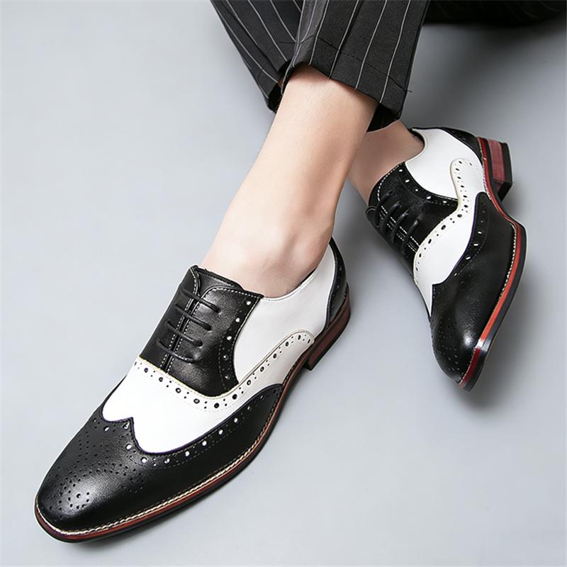 New Designer Men's Pointed Black With White Mixed Patchwork Dress Oxford Shoes Moccasins Wedding Prom Sapato Social Masculino