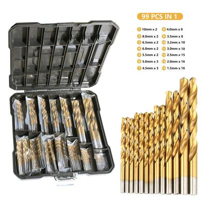 Juego de brocas helicoidales de 99 piezas, punta de 135°, acero de alta velocidad recubierto de titanio.