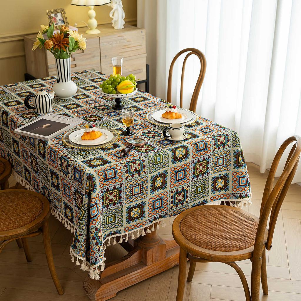 Retro Tablecloth Premium Dining Table Cloth Color Woven Jacquard Coffee Table Cloth Rectangle Tablecloth Geometric Cover Towel