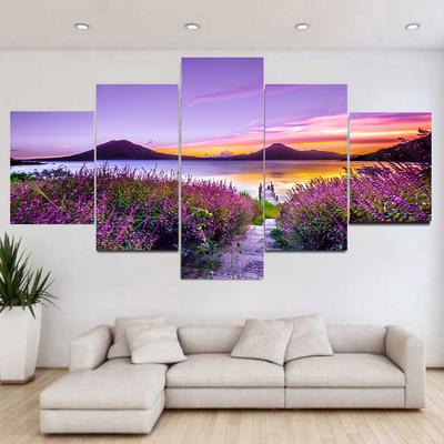 5 Panels Landscape Sunset Purple Flower Field Mountain Canvas Painting Posters and Prints Wall Art Picture Home Decor No Frame