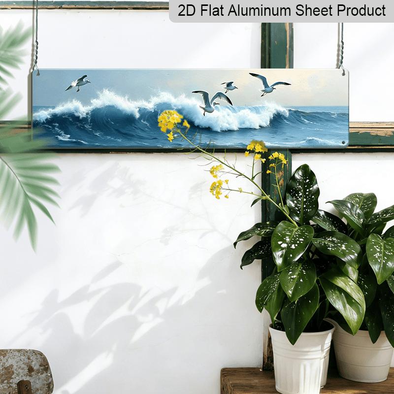 2D Flat - Sign of Seagulls Flying Over Ocean Waves - Rustic Coastal Aluminum Decorative Sign, Vintage Style 3.9X15.7 Inch, No Electricity Required