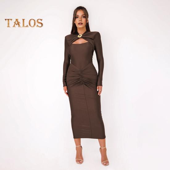 Women Evening Dress Hollow Out Bodycon Metal Buckle Ruched Elastic Pure Color Midi Dress Long Sleeve Prom Party Dress