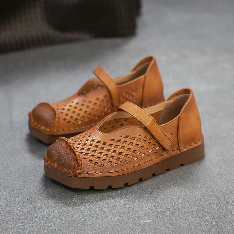 Johnature Genuine Leather Retro Hollow-out Breathable Flat Sandals Square Toe Comfortable Women's Shoes