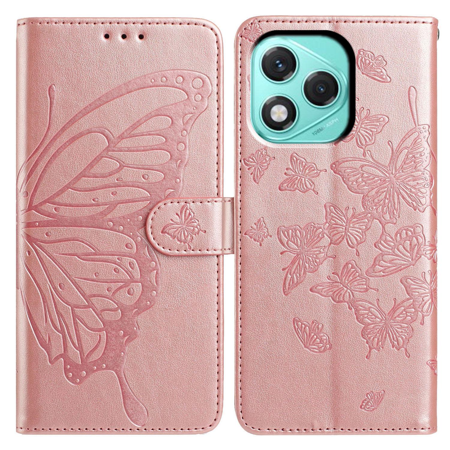 

For Honor 400 Lite 5G Case Butterfly Imprinted Wallet Stand PU Leather Flip Phone Cover with Strap Rose Gold