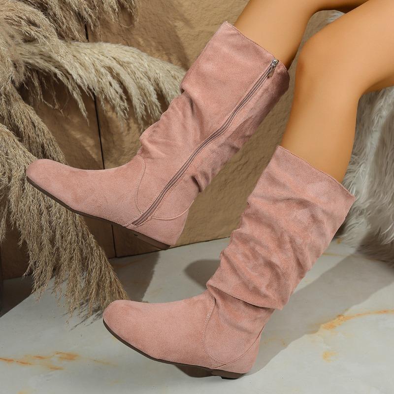 Side Zip Low Heel Mid-Tube Boots Stylish New Round Toe Scrub Fleece Soft Sole Non-Slip Pleated Stack Boots