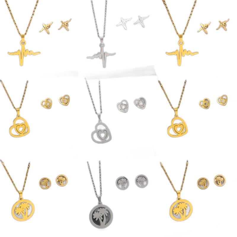 Women's Luxury Titanium Steel Necklace & Earring Set: EKG Coconut Tree & Heart Design, Non-Fading Jewelry