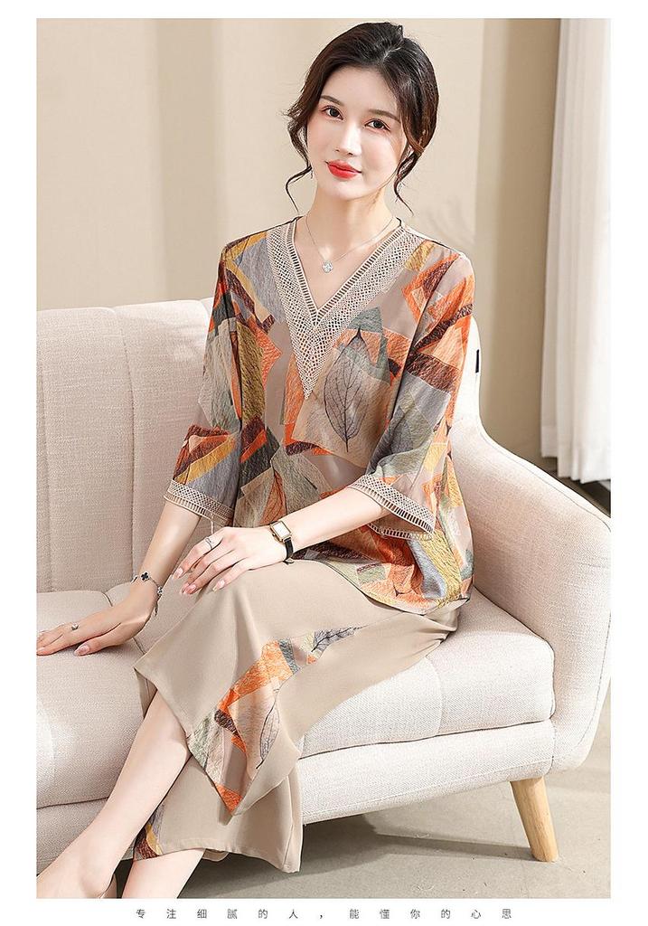 Stylish Chiffon Summer Outfit Set for Middle-Aged Mothers: Short-Sleeved Blouse and Pants
